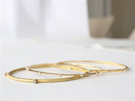 Set 3 Solid Gold Diamond Stacking Bangle Bracelets In 18k Etsy