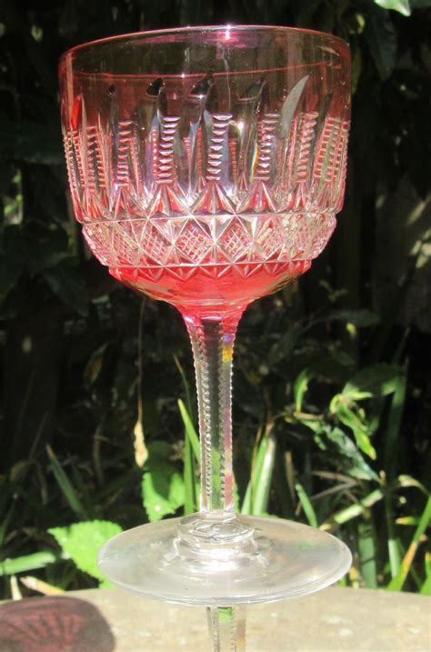 Set 8 Victorian Cut Glass Cranberry Wine Glasses