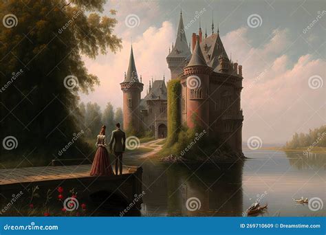 A Romantic Castle with a Moat and Drawbridge (Generative AI) Stock ...