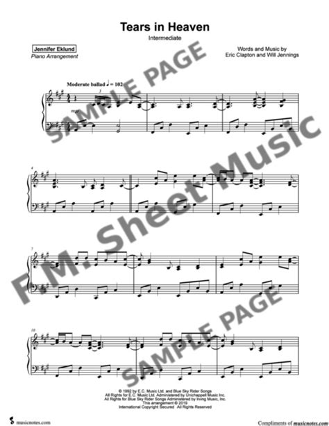 Tears In Heaven (Intermediate Piano) By Eric Clapton - F.M. Sheet Music ...