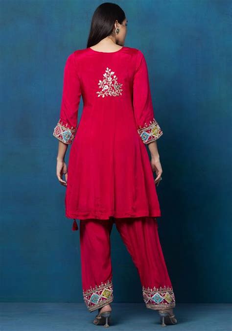 Buy Women Hot Pink Gota Patti Mirror Embroidered Kurta Set With Dhoti