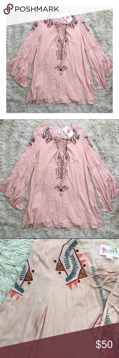 Boho Lace Up Bell Sleeve Dress In Pink
