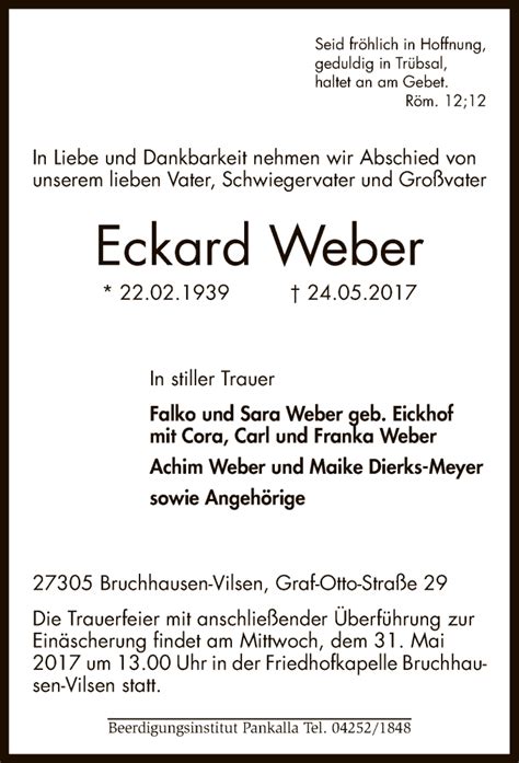 Traueranzeigen Von Eckard Weber Trauer Kreiszeitung De