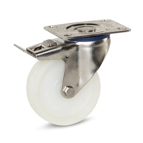 Roulette pivotante à platine et frein chape inox roue polyamide 100mm