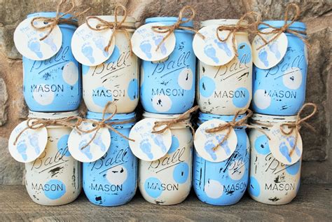 Baby Boy Shower Mason Jar Centerpieces Blue And White Polka Etsy