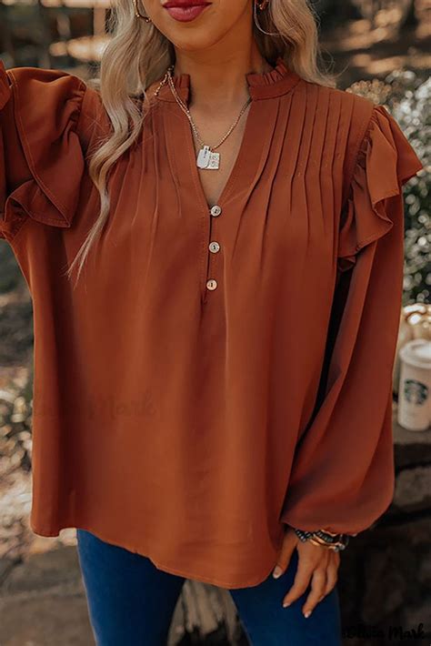 Olivia Mark Orange Pleated Ruffled Button Down V Neck Blouse Blouse