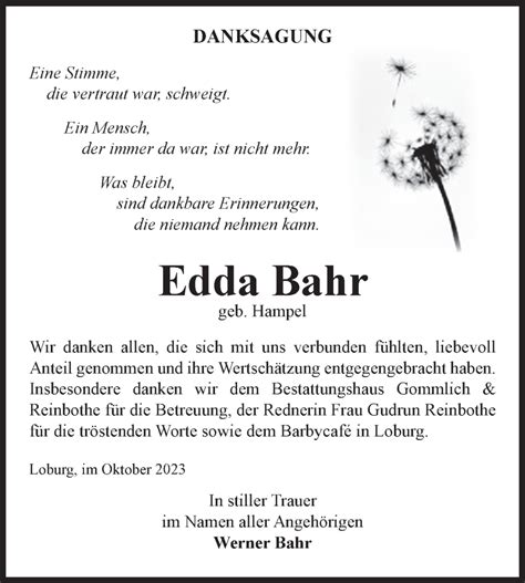 Traueranzeigen Von Edda Bahr Abschied Nehmen De