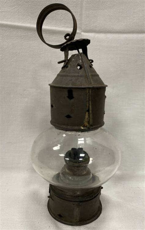 Antique Punched Tin And Glass Oil Lantern Hand Blown Glass Globe