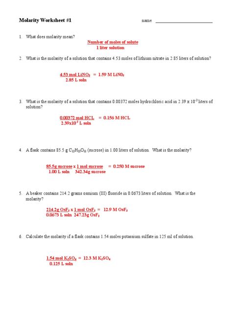 Molarity Worksheet 1 Ans Key Molar Concentration Magnesium