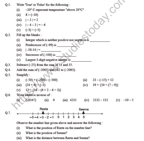 Class 6 Maths Integers Worksheet