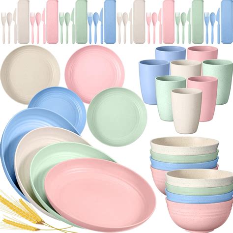 Mimorou 64 Pcs Straw Dinnerware Sets Reusable Unbreakable Lightweight