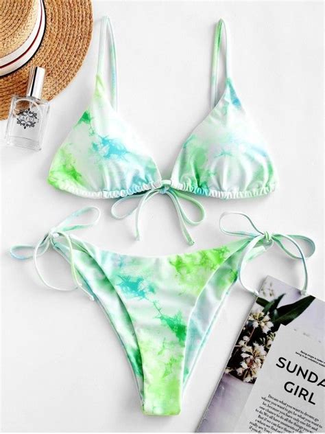 Off Popular Zaful Tie Dye String Bikini Swimsuit In Algae