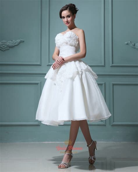 Ivory Tea Length Ball Gown Organza Wedding Dress With Rosettes On Skirt