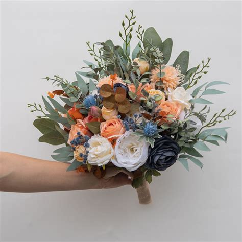 Orange Dusty Blue Bridesmaids Bouquet Bouquets By Bird Of Paradise Os