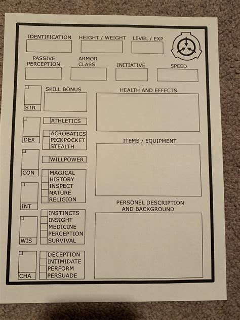 Scp Tabletop Character Sheet Rscp