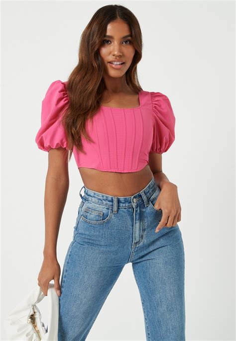 Missguided Pink Puff Sleeve Corset Crop Top 409124726 ᐈ Köp På Tradera