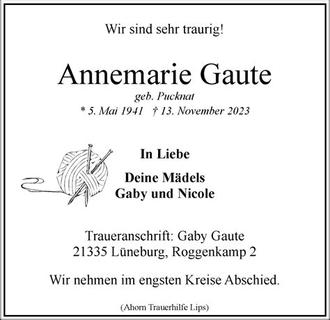 Traueranzeigen von Annemarie Gaute Trauer Lüneburg de