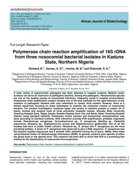 Pdf Polymerase Chain Reaction Amplification Of 16s Rdna From Three Nosocomial Bacterial