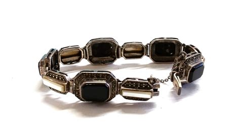 Vintage Black Onyx Marcasite Mother Of Pearl Sterling Bracelet Etsy