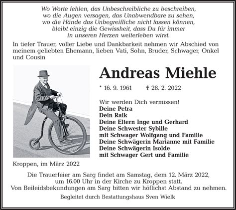 Traueranzeigen Von Andreas Miehle Lr Online Trauer De