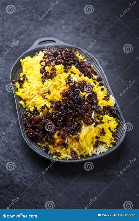 Modern Style Traditional Persian Steamed Saffron Rice With Berberis On