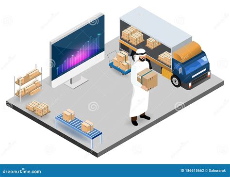 Modern Isometric Design Concept Of Warehouse Logistic With Arab Workers