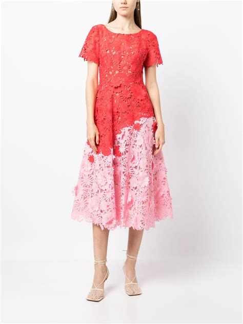 Marchesa Notte Daises And Dahlia D Guipure Midi Dress In Red Modesens