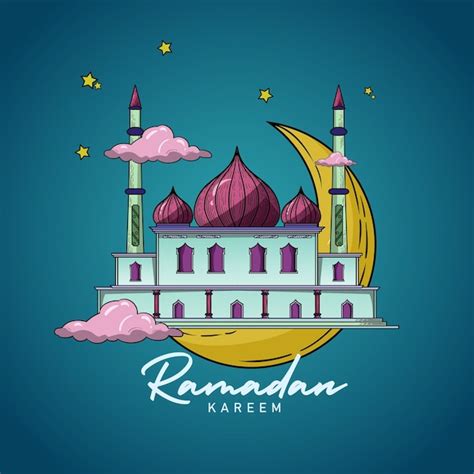 Eid al fitr ramadan kareem mesquita lua estrela ilustração vetorial