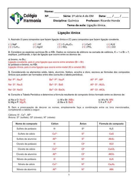 Exercicios Ligação Ionica - Exercícios sobre Ligação Iônica | PDF | Ligação química | Ligação iônica