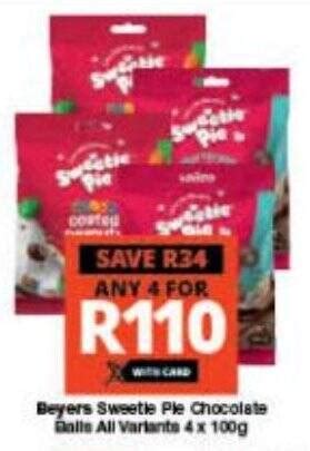 Beyers Sweetle Ple Chocolate Balls All Variants 4 x 100g offer at Checkers