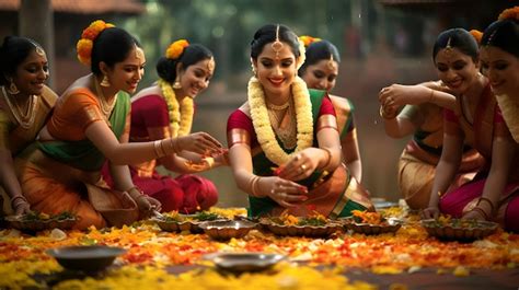 Premium Photo | Indian women making flower carpet Onam festival ...