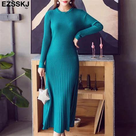 Elegant Long Sleeve Ol O Neck Long Sweater Dress Women Thick Knit