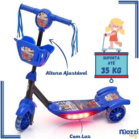 Patinete 3 Rodas Infantil Musica C Luzes Cesta Corrida Azul Submarino