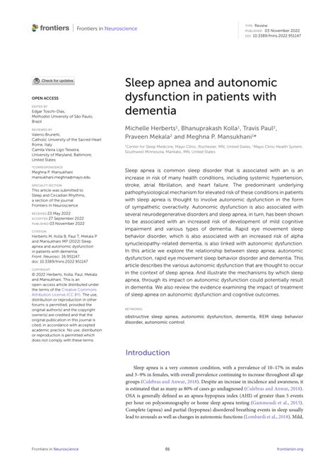 Pdf Sleep Apnea And Autonomic Dysfunction In Patients With Dementia