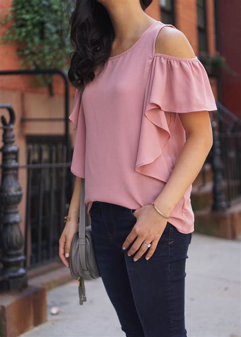 Pink Ruffle Cold Shoulder Top And Step Hem Jeans Skirt The Rules Nyc