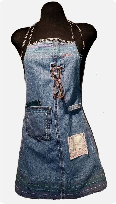 Refashioned Upcycled Handmade Embroidered Cotton Denim Apron Ooak