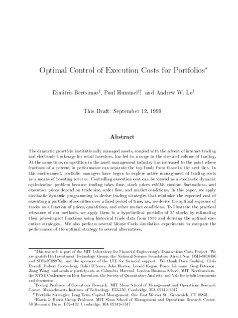 optimal control  execution costs  portfolios  matrix