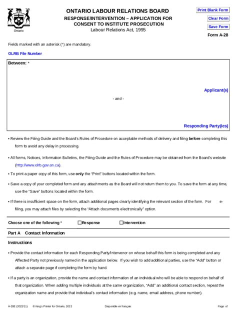 Fillable Online OLRB RESPONSE INTERVENTION APPLICATION FOR CONSENT TO