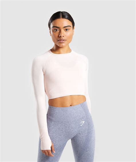 Vital Long Sleeve Crop Top Blush Nude Marl Womens Gym Tops