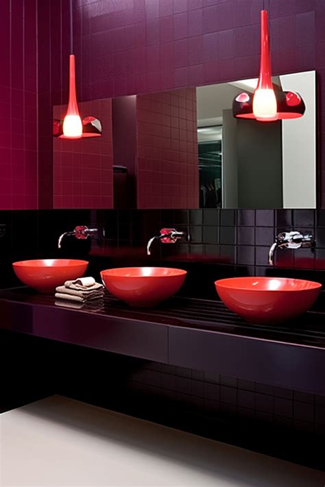 Red And Black Bathroom With Sinks And Mirror Background Wallpaper Image