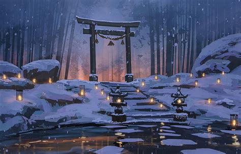 Snow Pond Silence Japan Lights Stage Japan Winter Forest Bamboo