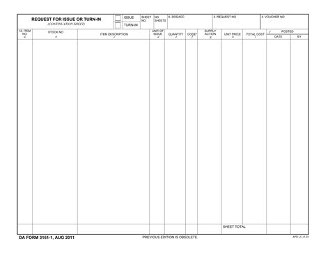 DA Form 3161-1. Request for Issue and Turn-in (Continuation Sheet) | Forms - Docs - 2023