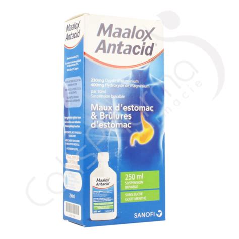 Maalox Antacid Sans Sucre 230 Mg400 Mg 250 Ml Colispharma