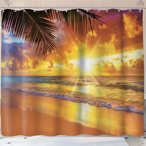 Tropical Beach Sunset Shower Curtain With Palm Leaves And Sunbeams