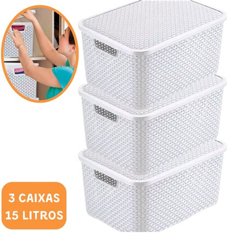 Kit 3 Caixa Tampa Organizadora Rattan 15 Litros Branca Faz A Boa