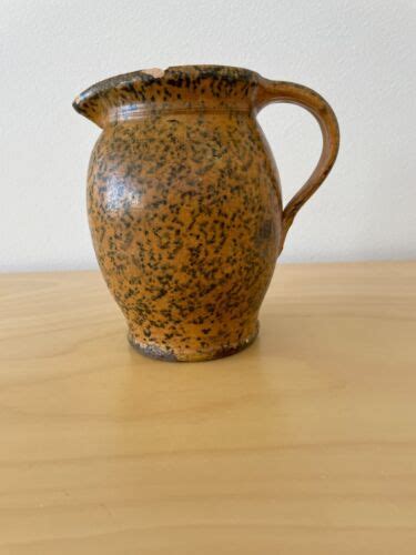 Primitive Antique Spongeware Rust With Greenblue Spots Pitcher 6 12