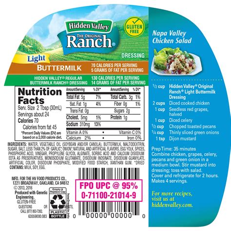 Hidden Valley Low Fat Ranch Dressing Nutrition Facts