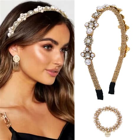 Sinalty Gold Pearls Headbands Baroque Rhinestones Hair