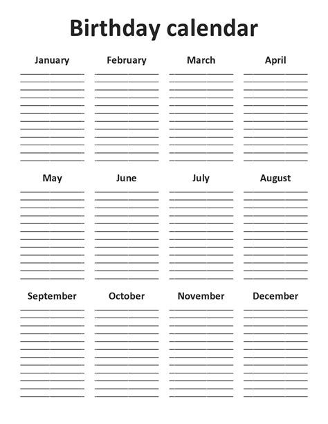 Birthday calendar printable template fill