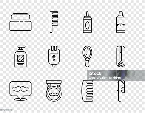 세트 라인 이발소 헤어 브러시 샴푸 병 크림 또는 로션 화장품 튜브 전기 헤어 클리퍼 면도기 및 아이콘을위한 컬링 아이언 벡터